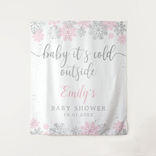 ピンクとシルバーの冬の雪の結晶の女の子のベビーシャワー タペストリー (正面)