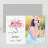 ピンクとシルバーの熱帯フローラ卒業写真 案内状 (正面/裏面)