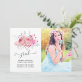 ピンクとシルバーの熱帯フローラ卒業写真 案内状 (スタンド正面)