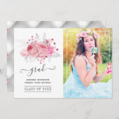 ピンクとシルバーの熱帯フローラ卒業写真 案内状 (正面/裏面)