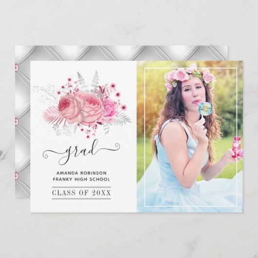 ピンクとシルバーの熱帯フローラ卒業写真 案内状 (正面/裏面)