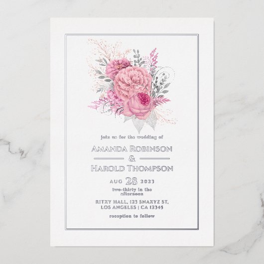 ピンクとシルバーの熱帯フローラ結婚のホイルのエキサイト 箔招待状 (正面)