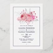 ピンクとシルバーの熱帯フローラ結婚ズ 箔招待状 (正面)