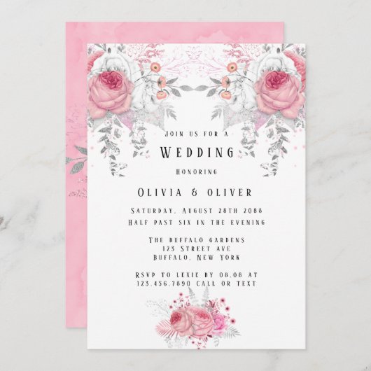 ピンクとシルバーの牡丹の花模様結婚ズ 招待状 (正面/裏面)