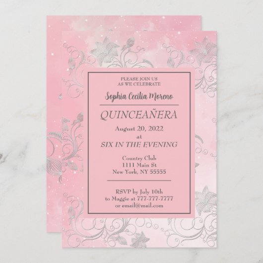 ピンクとシルバーの花柄の招待状 招待状 (正面/裏面)