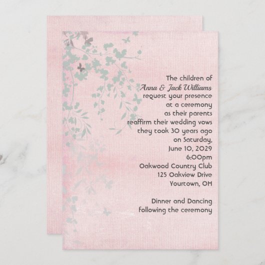 ピンクとシルバーの葉 招待状 (正面/裏面)