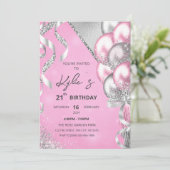ピンクとシルバーの誕生日パーティーへの招待 招待状 (スタンド正面)