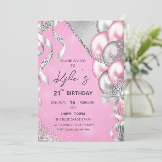 ピンクとシルバーの誕生日パーティーへの招待 招待状 (スタンド正面)