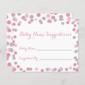 ピンクとシルバーの赤ちゃんシャワー名提案カード (正面/裏面)