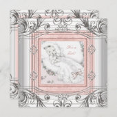 ピンクとシルバーの赤ちゃん女の子シャワー 招待状 (正面/裏面)