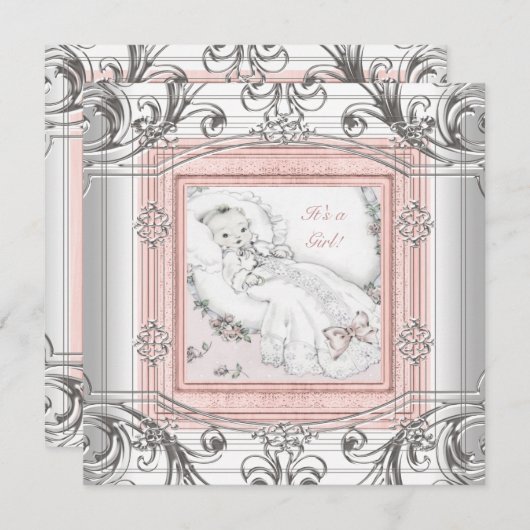 ピンクとシルバーの赤ちゃん女の子シャワー 招待状 (正面/裏面)