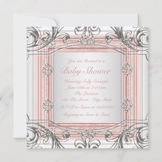 ピンクとシルバーの赤ちゃん女の子シャワー 招待状 (裏面)