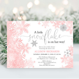 ピンクとシルバーの雪の結晶の冬の女の子のベビーシャワー 招待状