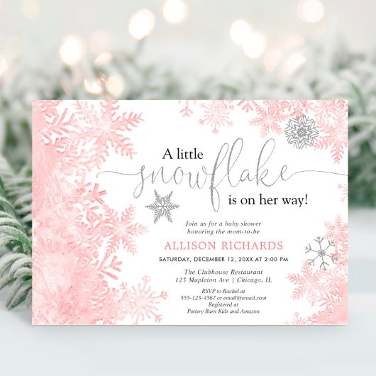 ピンクとシルバーの雪の結晶の冬の女の子のベビーシャワー 招待状