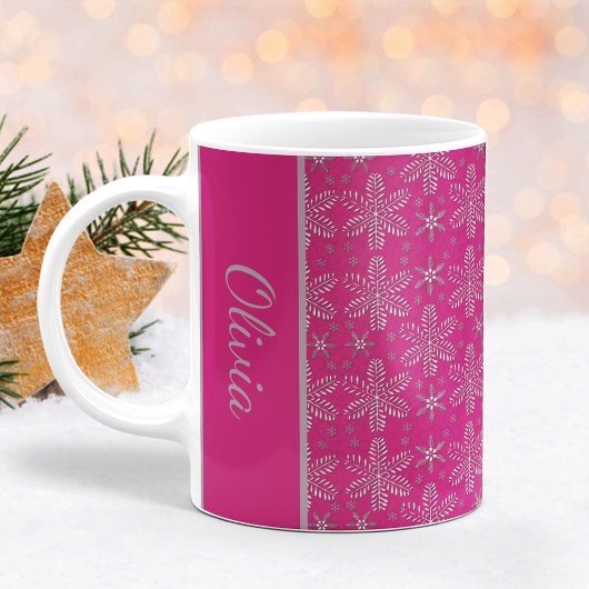 ピンクとシルバーの雪の結晶 クリスマスマグカップ 名前入り コーヒーマグカップ