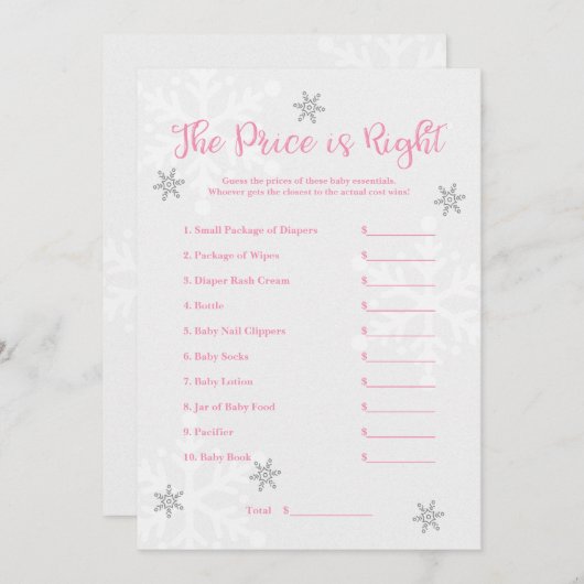 ピンクとシルバーの雪の結晶「プライス・イズ・ライト」ゲーム 招待状 (正面/裏面)