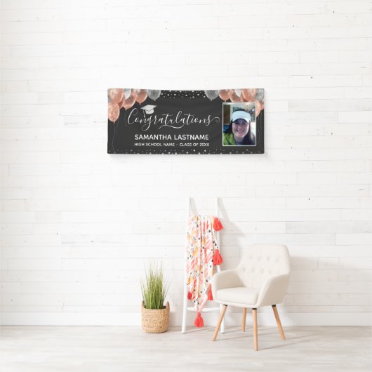 ピンクとシルバーの風船卒業バナー 横断幕 (インサイチュ)