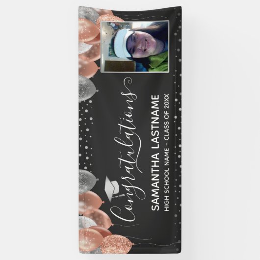 ピンクとシルバーの風船卒業バナー 横断幕 (縦)