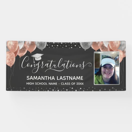 ピンクとシルバーの風船卒業バナー 横断幕 (横)