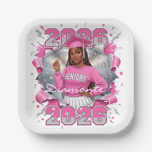 ピンクとシルバーの2026年卒業 ペーパープレート (正面)