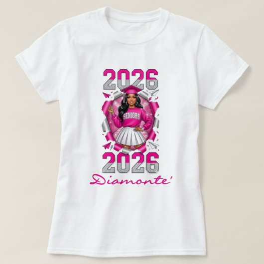 ピンクとシルバーの2026年卒業 Tシャツ (デザイン正面)