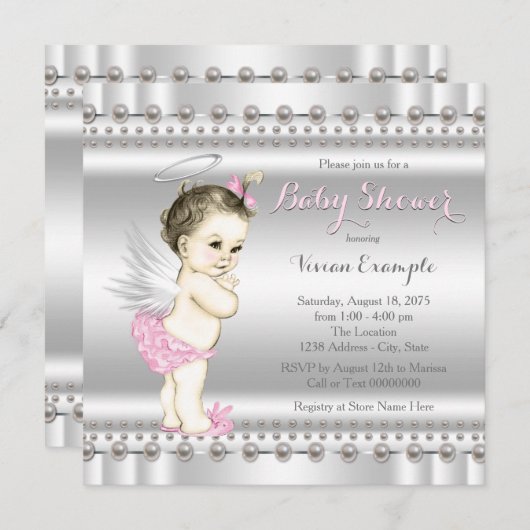ピンクとシルバーエンジェル赤ちゃんシャワー 招待状 (正面/裏面)