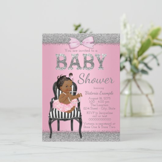 ピンクとシルバーグレーの民族少女の赤ちゃんシャワー 招待状 (スタンド正面)