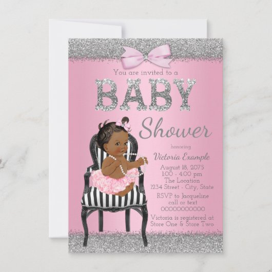 ピンクとシルバーグレーの民族少女の赤ちゃんシャワー 招待状 (正面)