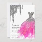 ピンクとシルバードレスグリッタードリップスSweet sixteen 招待状 (正面)