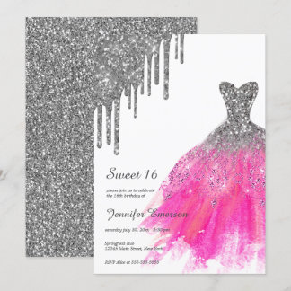 ピンクとシルバードレスグリッタードリップスSweet sixteen 招待状