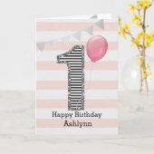 ピンクとシルバー1歳の誕生日ガール カード (黄色い花)