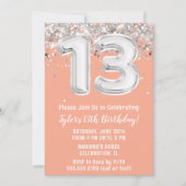 ピンクとシルバー 13歳の誕生日 招待状 (正面)