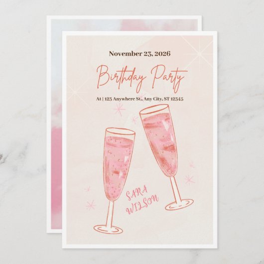 ピンクとシンプルクリエイティブハッピーバースデー招待状 招待状 (正面/裏面)