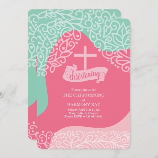 ピンクとシーグリーンの女の子とクロス《キリスト教》洗礼式や命名式 招待状 (正面/裏面)