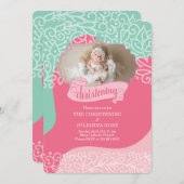 ピンクとシーグリーンの女の子と写真《キリスト教》洗礼式や命名式 招待状 (正面/裏面)