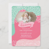 ピンクとシーグリーンの女の子と写真《キリスト教》洗礼式や命名式 招待状 (正面)