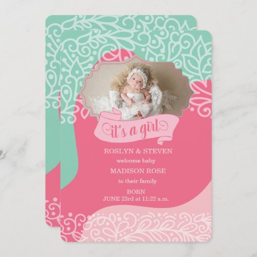 ピンクとシーグリーン女の子の誕生発表 案内状 (正面/裏面)
