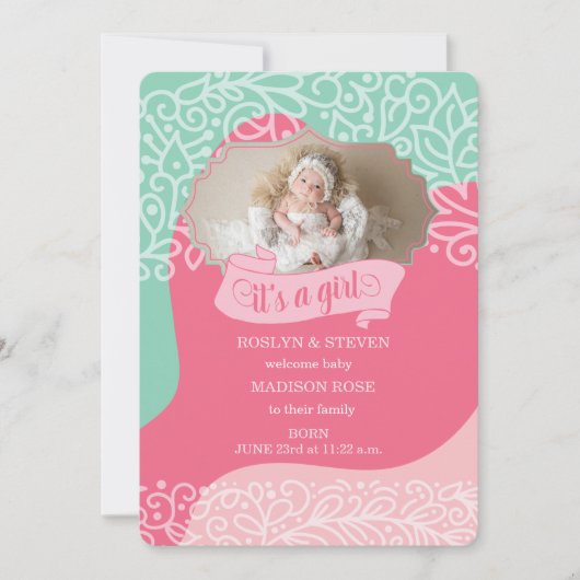 ピンクとシーグリーン女の子の誕生発表 案内状 (正面)