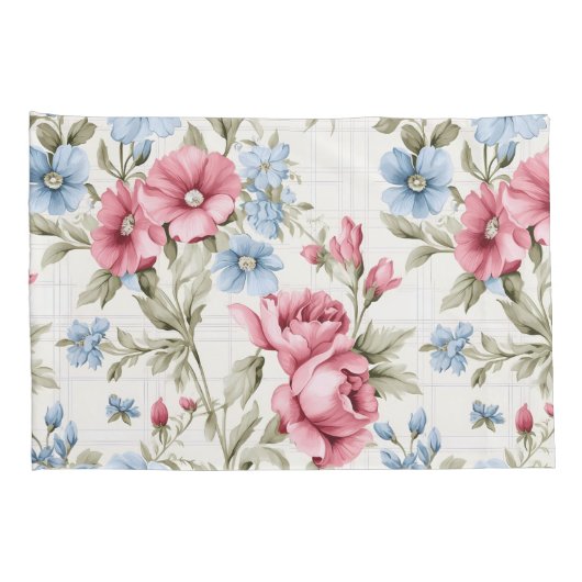 ピンクとスカイブルーのフローラ-水玉模様- モノグラムの 枕カバー (裏面-右)