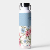 ピンクとスカイブルーの花と水玉 ウォーターボトル (正面)