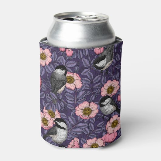 ピンクとスミレの野生バラの《鳥》アメリカゴガラ 缶クーラー (缶正面)