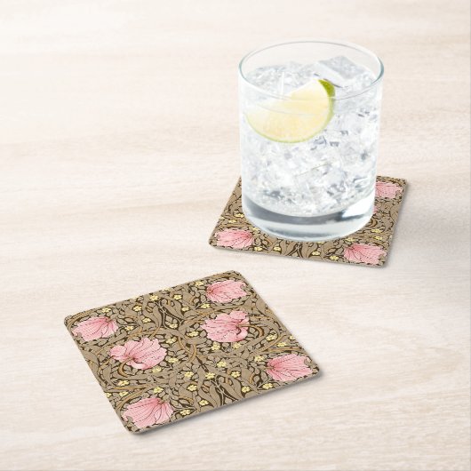 ピンクとセピアのWモリスのパーペネルパターン スクエアペーパーコースター (インサイチュ)