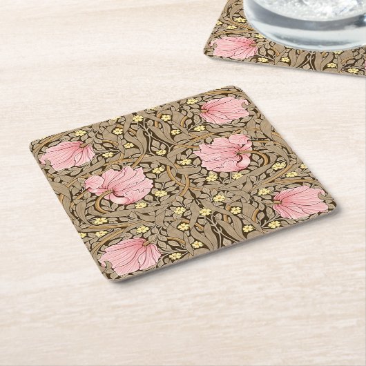 ピンクとセピアのWモリスのパーペネルパターン スクエアペーパーコースター (アングル)