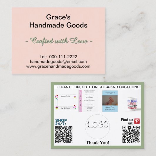 ピンクとセージのビジネス写真QRコード3.5 x 2.5 名刺 (正面/裏面)