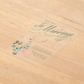 ピンクとセージのフローラエレガントスクリプ結婚ト アクリル招待状 (レイダウン)