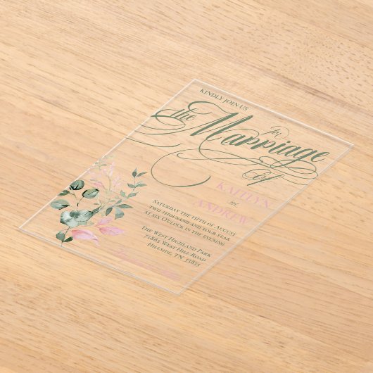 ピンクとセージのフローラエレガントスクリプ結婚ト アクリル招待状 (レイダウン)