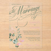 ピンクとセージのフローラエレガントスクリプ結婚ト アクリル招待状 (正面)