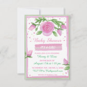 ピンクとセージの水の色のバラ女の子の赤ちゃんシャワー 招待状 (正面)