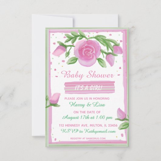 ピンクとセージの水の色のバラ女の子の赤ちゃんシャワー 招待状 (正面)