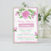 ピンクとセージの水の色のバラ女の子の赤ちゃんシャワー 招待状 (スタンド正面)